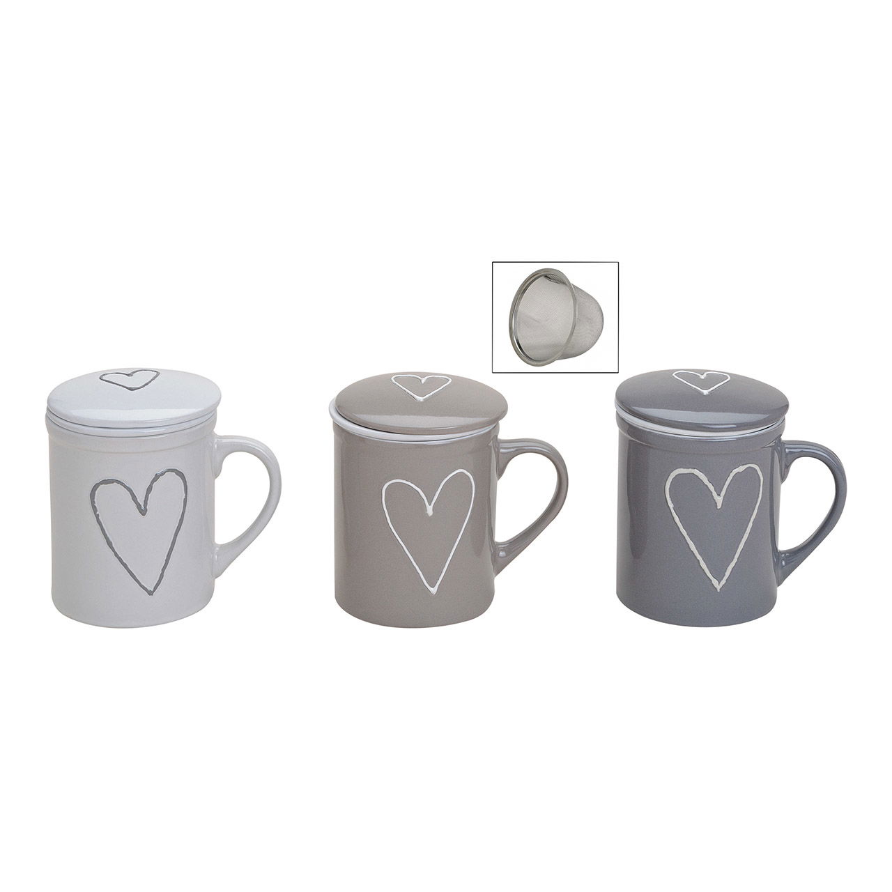 Teebecher Herz mit Deckel, Keramik und Sieb Metall, 3-fach sortiert, (BxT) 10x8,5 cm 250ml Teebecher Herz mit Deckel, Keramik und Sieb Metall, 3-fach sortiert, (BxT) 10x8,5 cm 250ml