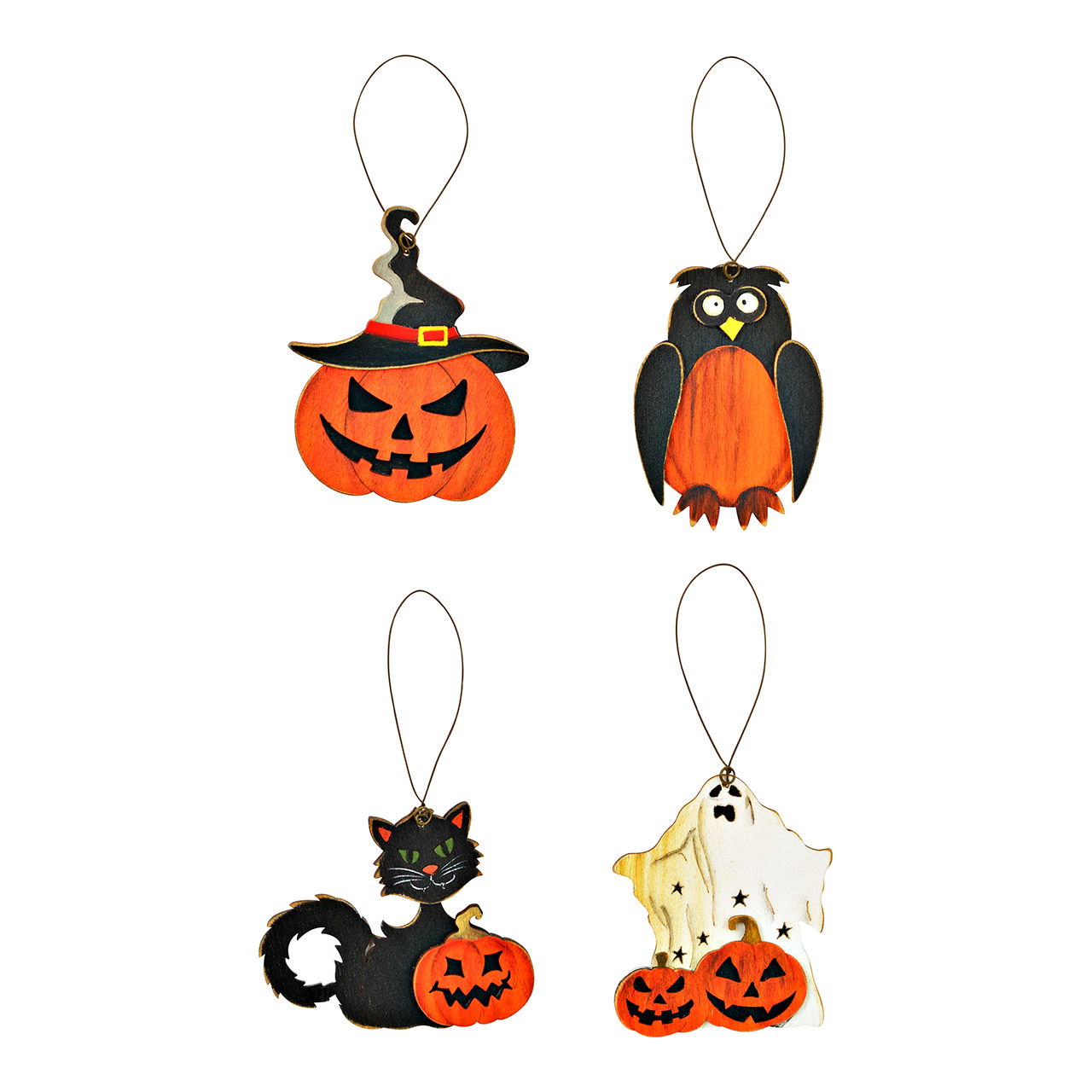 Hänger Halloween Dekor aus Holz auf Display, 4-fach, Orange/Schwarz (B/H) 7x8cm (B/H/T) 28x32x20cm Hänger Halloween Dekor aus Holz auf Display, 4-fach, Orange/Schwarz (B/H) 7x8cm (B/H/T) 28x32x20cm