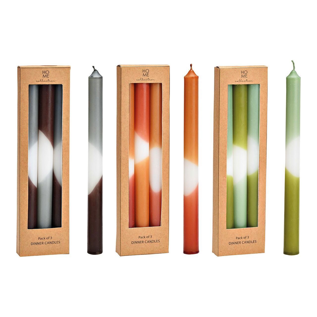 Candle set DipDye set of 3, made of wax green, brown, gray 3-fold, (W/H/D) 2x25x2cm