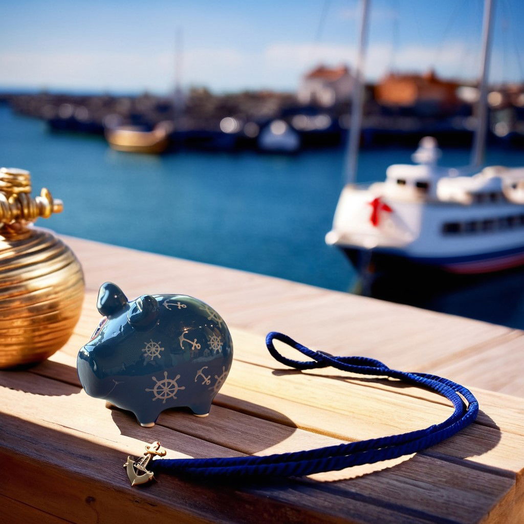 Sparschwein Company Sparschwein Nautilus aus Keramik, Blau/Weiß (B/H/T) 12,5x9x9 cm Kleinschwein Wasser, Uferpromenade, Boot, Fahrzeug, Segelboot
