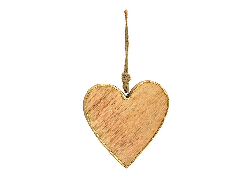 Hanger hart met gouden rand, mangohout naturel (w/h/d) 15x15x1cm