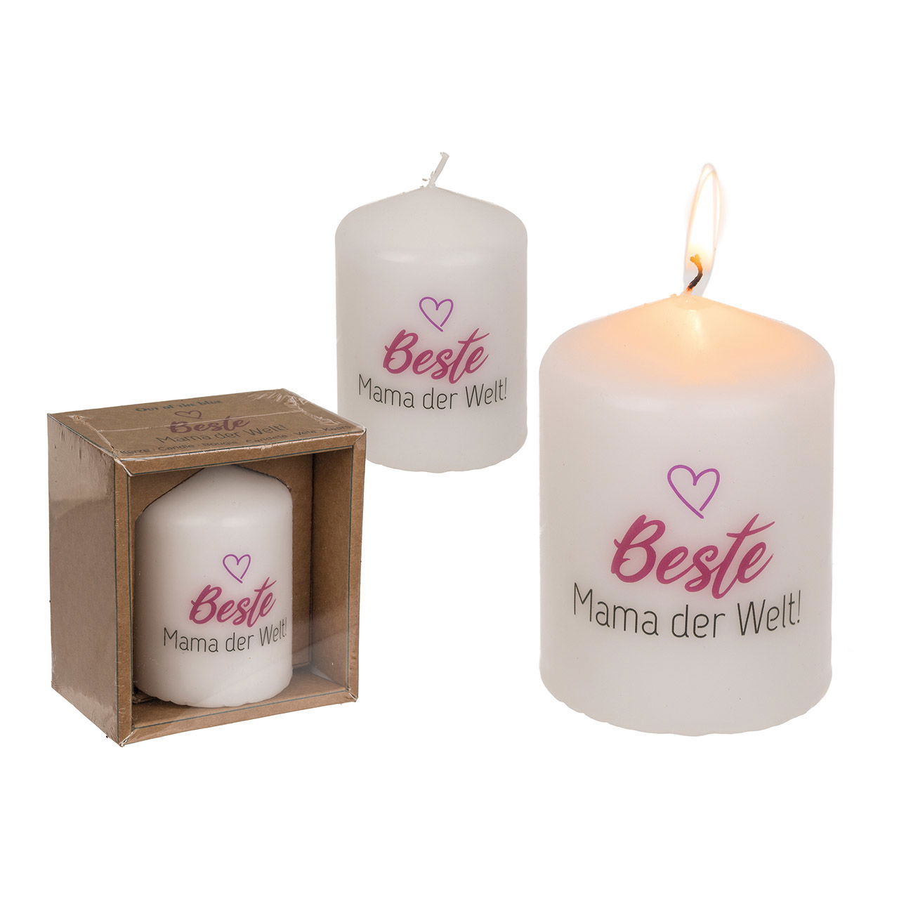 Pillar candle, best mom in the world in kraft paper packaging made of wax white (W/H/D) 6x8x6cm