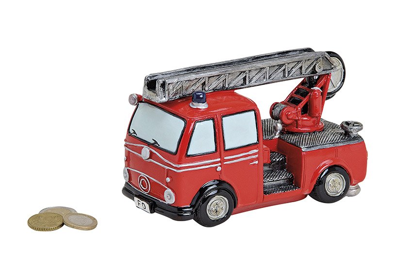 Tirelire camion de pompier en poly, L16 x P8 x H10 cm