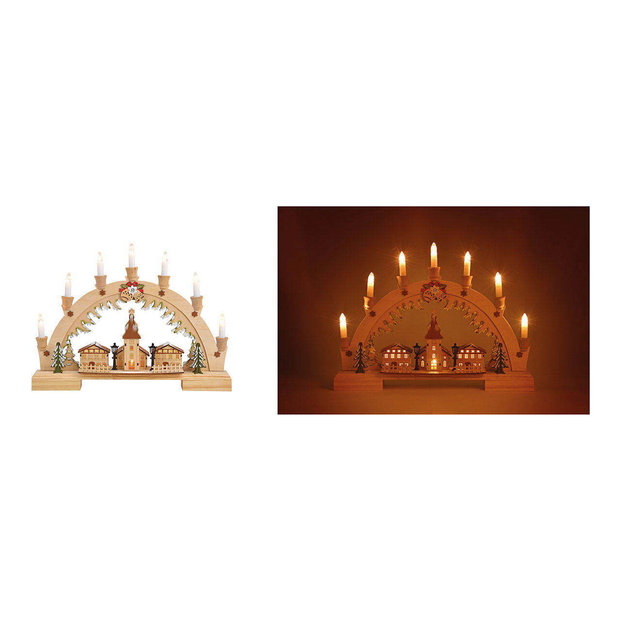 Candle arch village church, 7 led made of wood natural (w / h / d) 45x33x6cm