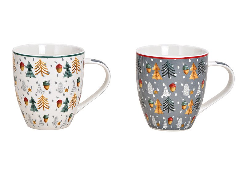 Jumbo mug, christmas decor, tree design, porcelain, white grey, 2 asst. 14x11x10cm 495ml