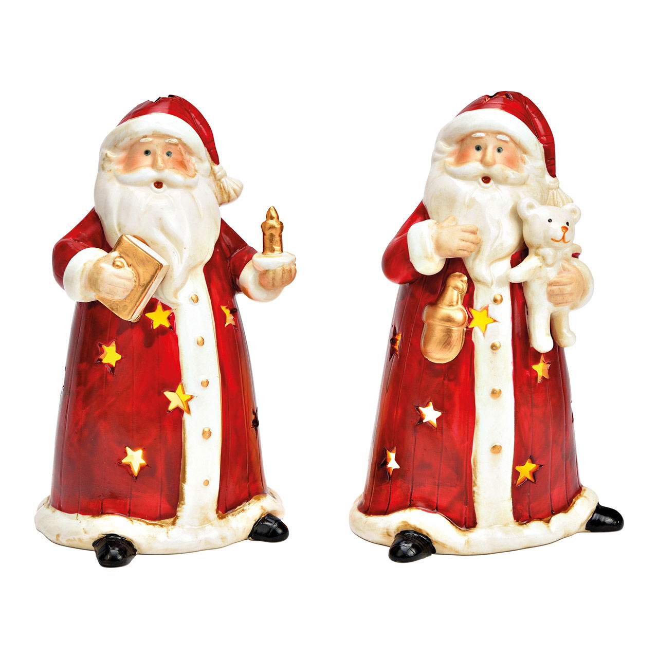 Lantern Santa Claus with teddy bear, book, candle made of porcelain red 2-fold, (W/H/D) 10x17x9cm Lantern Santa Claus with teddy bear, book, candle made of porcelain red 2-fold, (W/H/D) 10x17x9cm