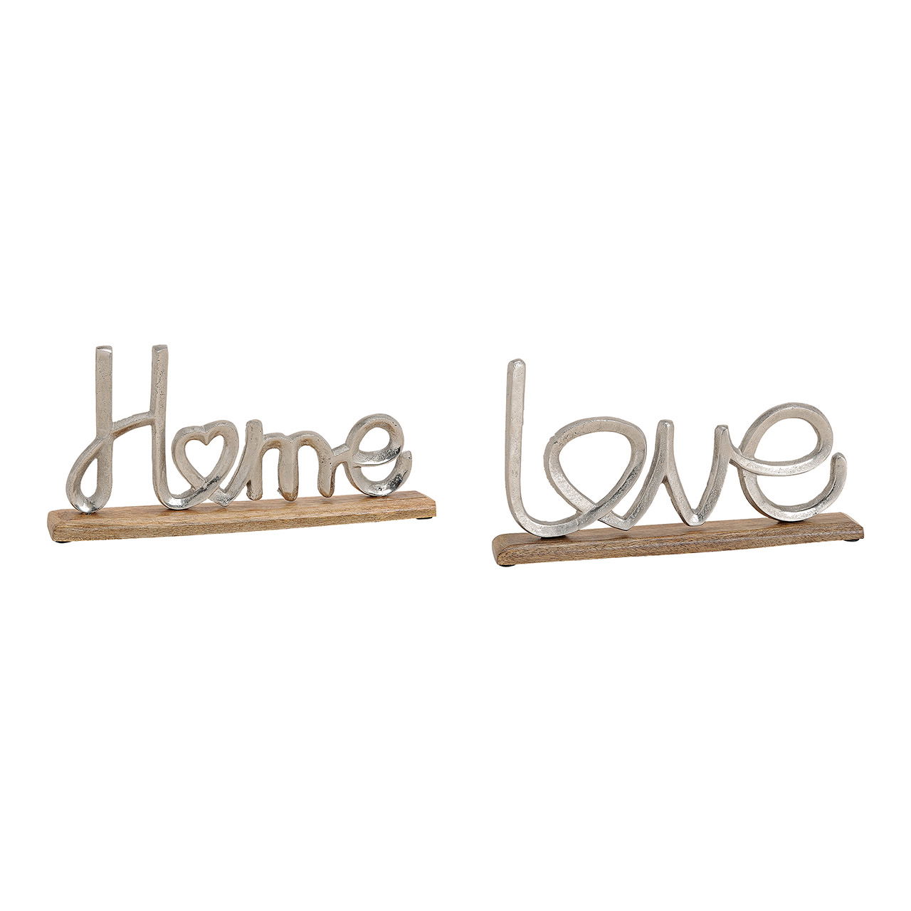 Displaystandaard belettering Home, Love van metaal op mangohout, zilver, bruin, 2-voudig, (B/H/D) 32x17x5cm Displaystandaard belettering Home, Love van metaal op mangohout, zilver, bruin, 2-voudig, (B/H/D) 32x17x5cm