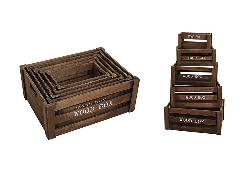 Box set in bruin hout, 5 stuks, B37 x D28 x H15 cm