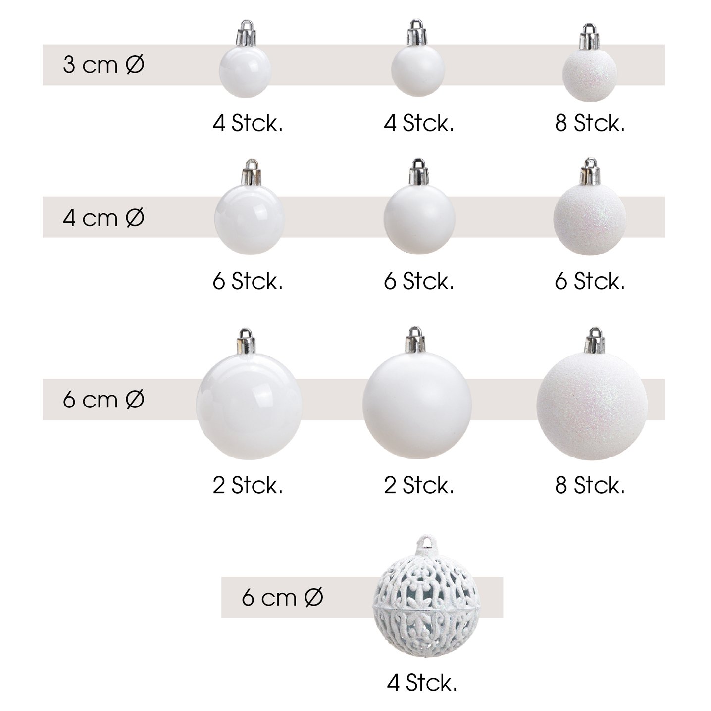 Set de boules de Noël en plastique Blanc Set de 50, (L/H/P) 23x18x12cm Ø3/4/6cm