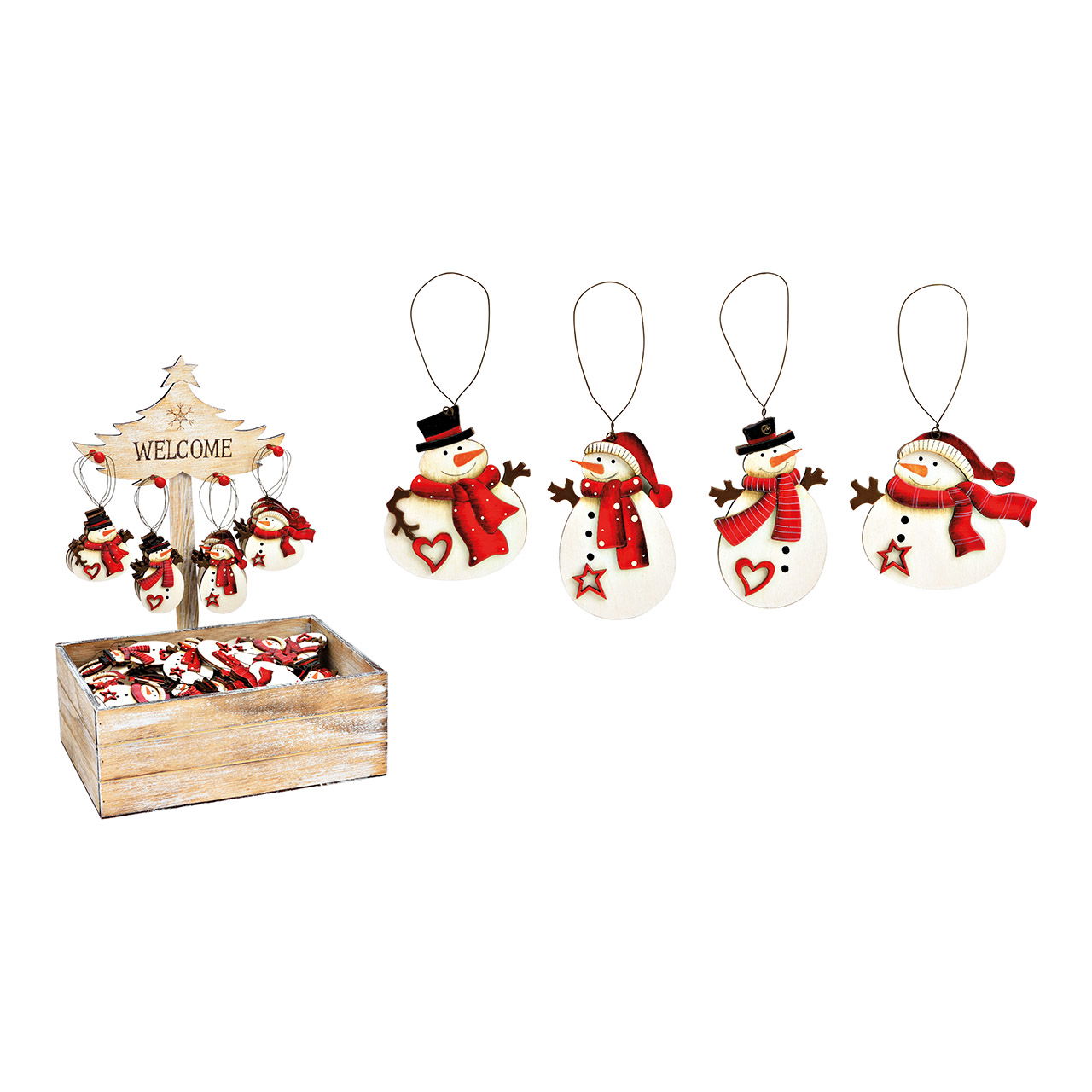 Pendentif de Noël bonhomme de neige 6x8x0,5cm dans un arbre boîte présentoir 29x39x21cm en bois multicolore 4 fois