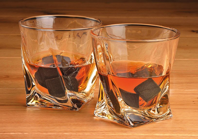 Whisky stone, basalt stones, 4 pcs, 2cm, with 1 pc black velvet bag, 2 pcs glass 300ml, 1 cardboard box, 23x12x16cm