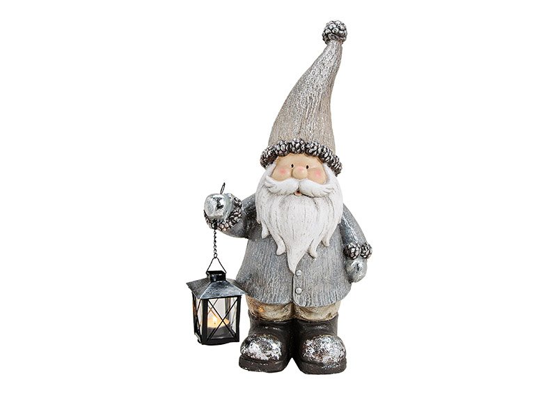 Santa with one metal lantern in hand, for one tealight, made of magnesia, brown color, 24x47x16cm