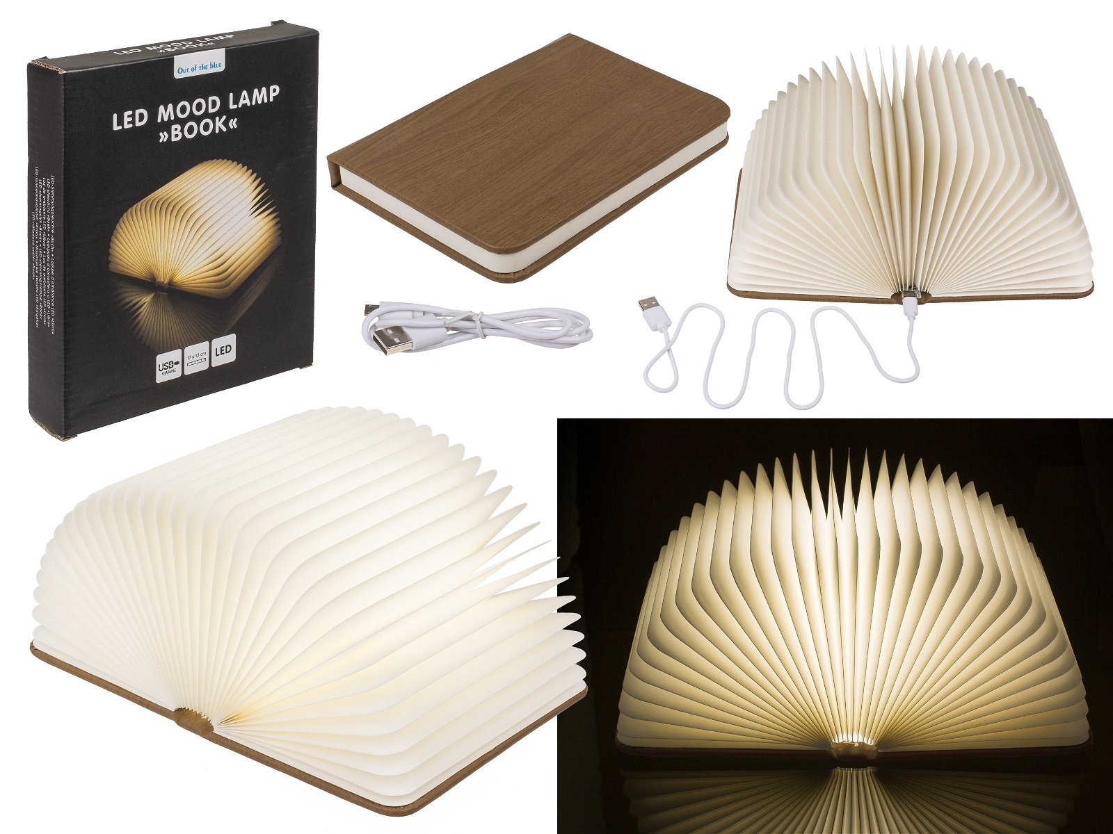 LED mood lamp, book, made of white plastic (W/H/D) 17x13x13cm with leatherette cover, USD cable