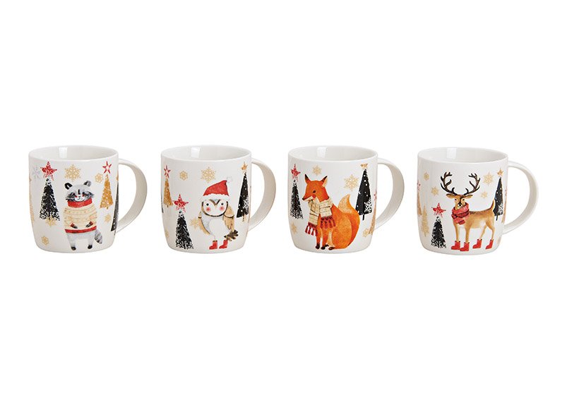Mug, x'mas animal design, porcelain, white, 4 asst. , 300ml 12x9x8cm