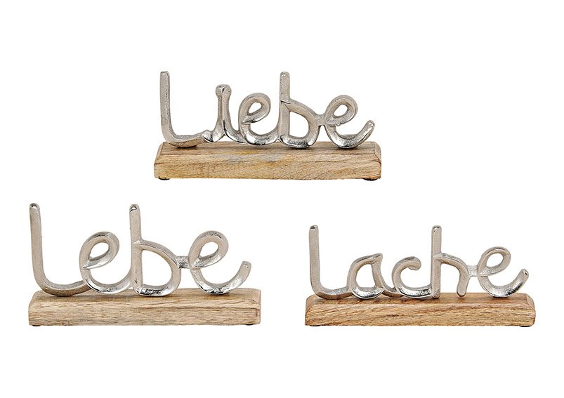 Expositor, letras Lache, Lebe, Liebe, de metal sobre madera de mango plateada, marrón, 3 pliegues, (A/A/P) 22x11x5cm