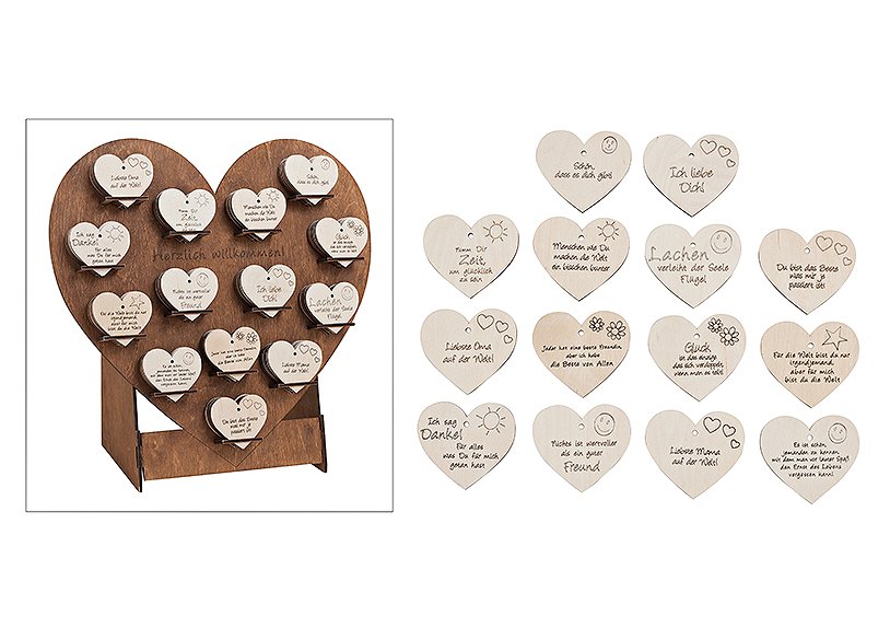 Herzdisplay mit Herzen, aus Holz, 14-fach sortiert, B47 x T24 x H46 cm / B8 x H8 cm