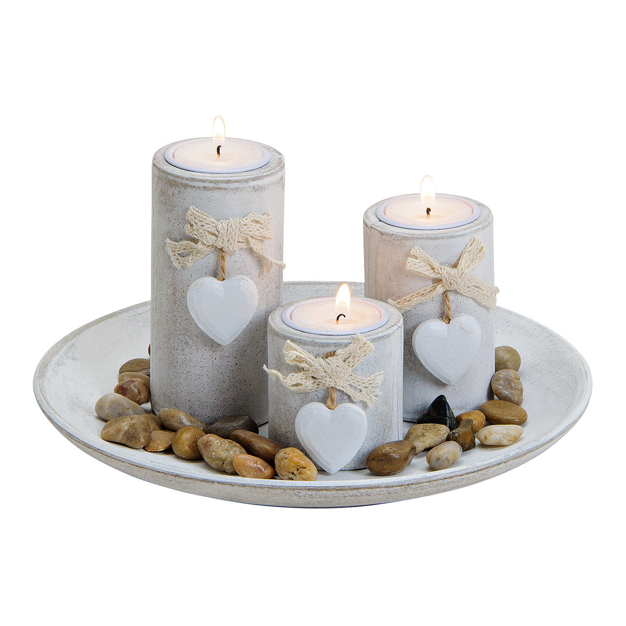 Tealight holder set of 3 with decorative stones heart pendant made of wood white (W/H/D) 24x12x24cm Kerze