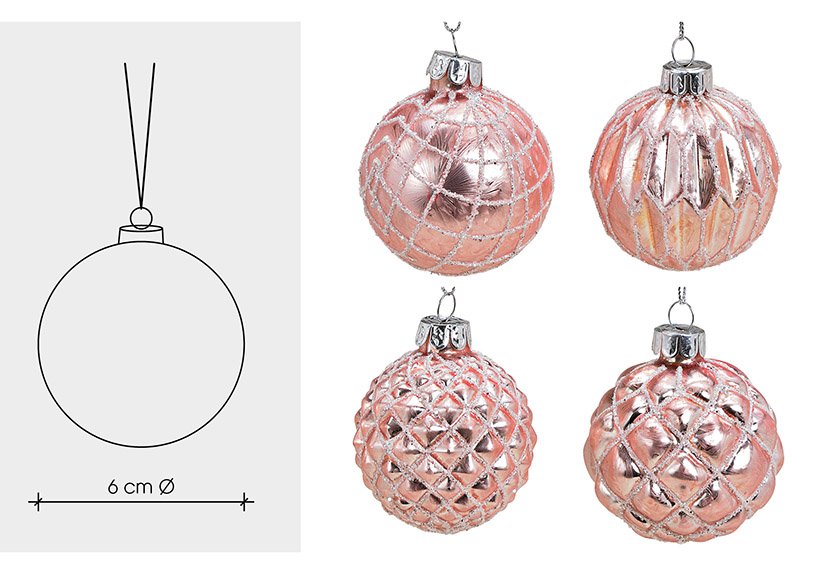 Christmasball with glitter, made of glass, 4 assorted, pink, (w/h/d) 6x6x6cm