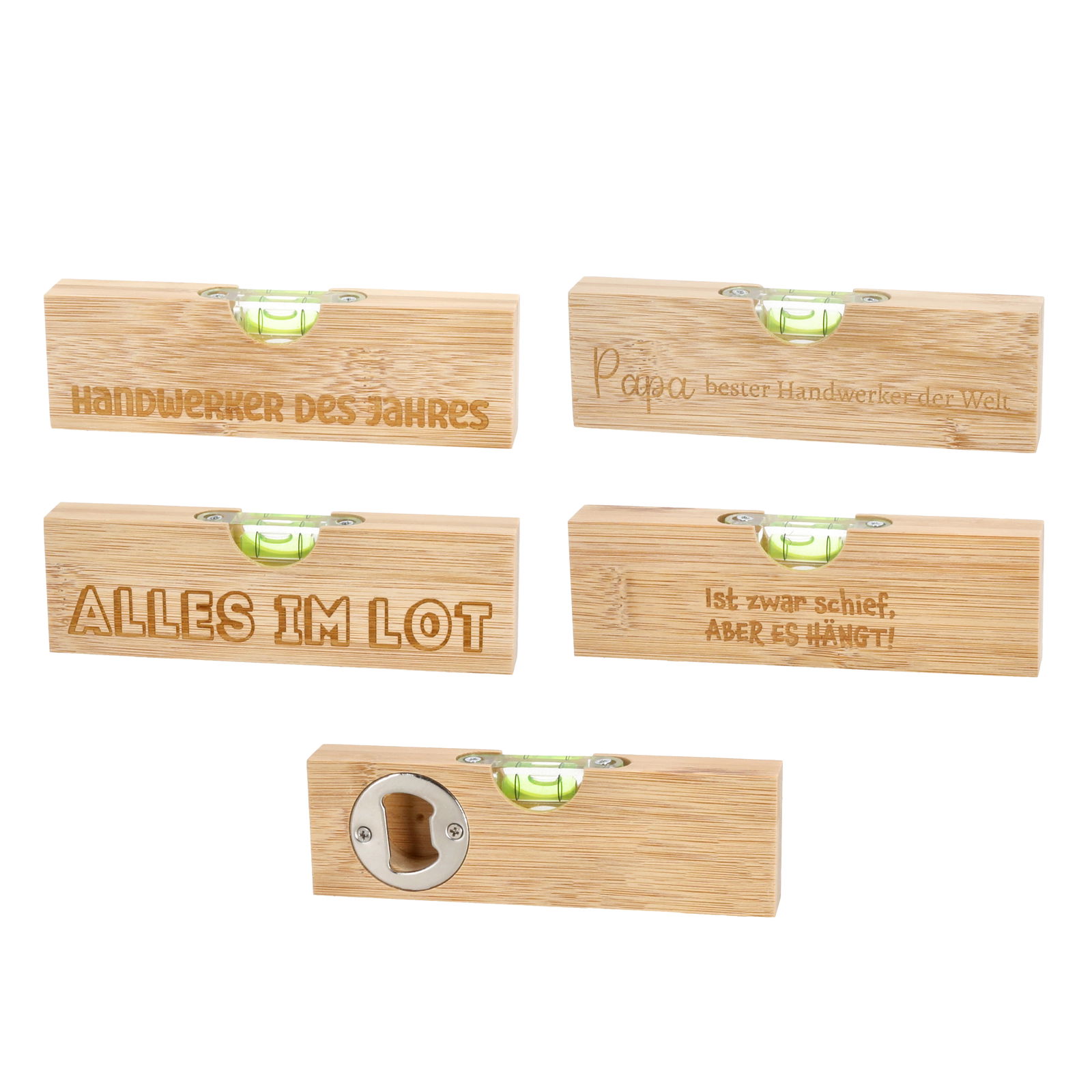 Livella con apribottiglie, 4/s,15x4,4cm
 Bambù/ferro, tagliato al laser, con adesivo con codice a barre L:15cm H:4,4cm
 P:2cm
 24 pezzi in un espositore (circa 15x12x18cm)
