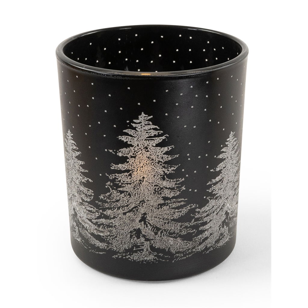 Theelichtpotje met boommotief, glas, 9cmx10cm, 1 stuk, zwart Pokal, Töpferei