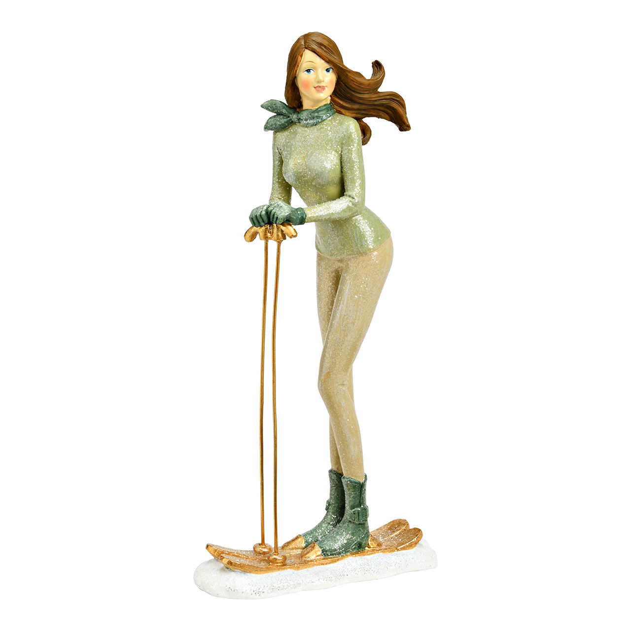 Figura esquiador de poliéster, verde (A/A/D) 13x27x5cm