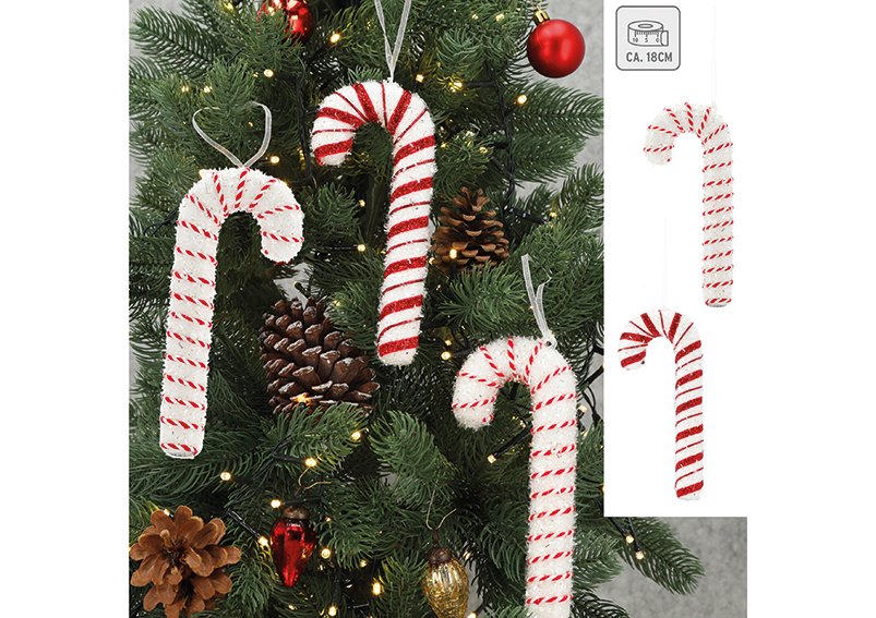 Hanger decoration candy cane, 2-fold 18cmH styrofoam, 2 red and white designs assorted, hangtag 7,5x17,5x2cm