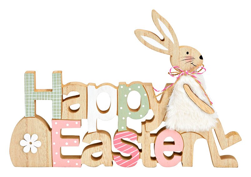 Présentoir écriture, Happy Easter, décor lapin, en bois coloré (L/H/P) 28x19x2cm