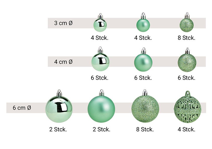 Juego de bolas de Navidad de plástico Verde Menta Juego de 50, (c/h/d) 23x18x12cm Ø3/4/6cm