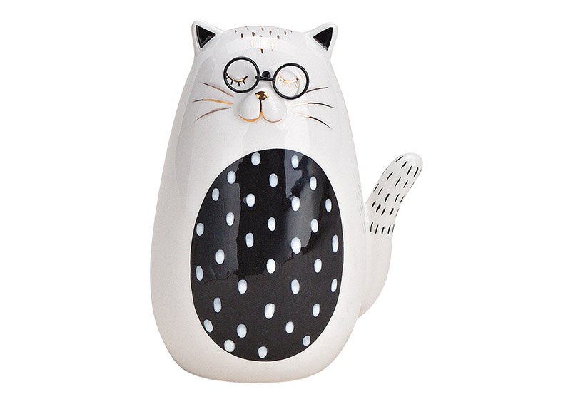 Gato con gafas, cerámica blanca (c/h/d) 9x12x7cm