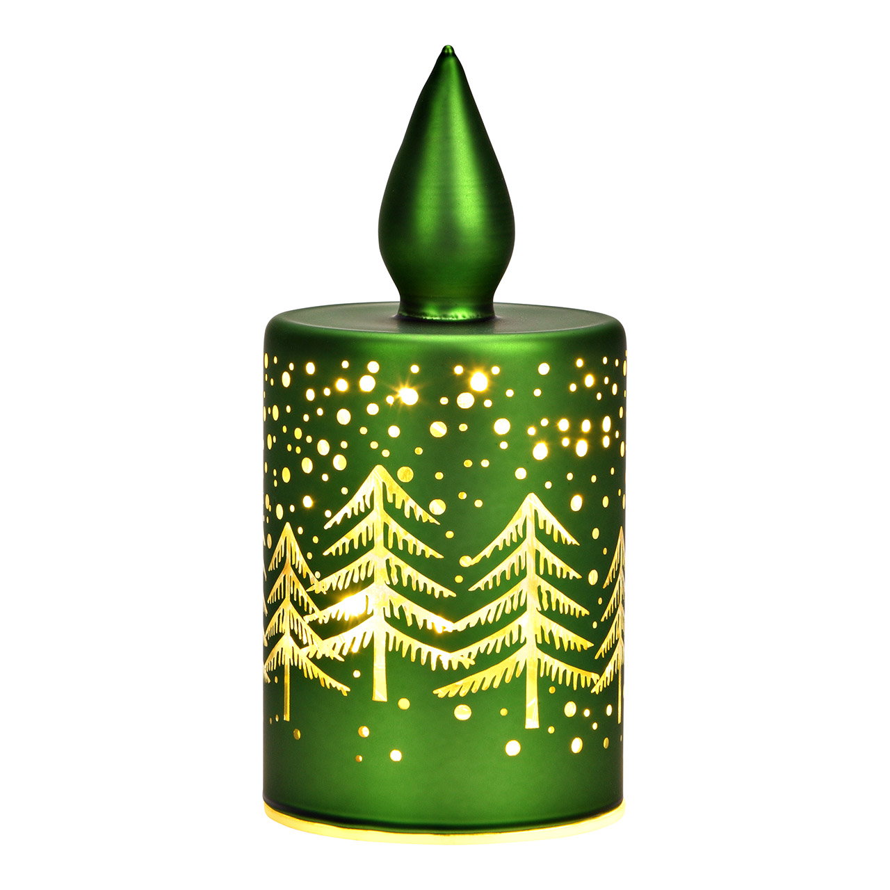 Vela con luz LED, decoración de bosque invernal de cristal, verde (A/A/A) 7x15x7cm con temporizador, funcionamiento con pilas 3xAAA no incluidas