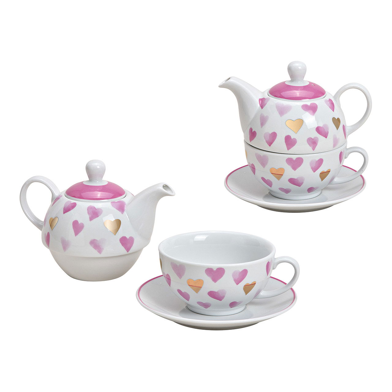 Teekannen-Set Herz Dekor aus Porzellan Weiß, pink, gold 3er Set, (B/H/T) 16x15x15cm 400ml/200ml Teekannen-Set Herz Dekor aus Porzellan Weiß, pink, gold 3er Set, (B/H/T) 16x15x15cm 400ml/200ml