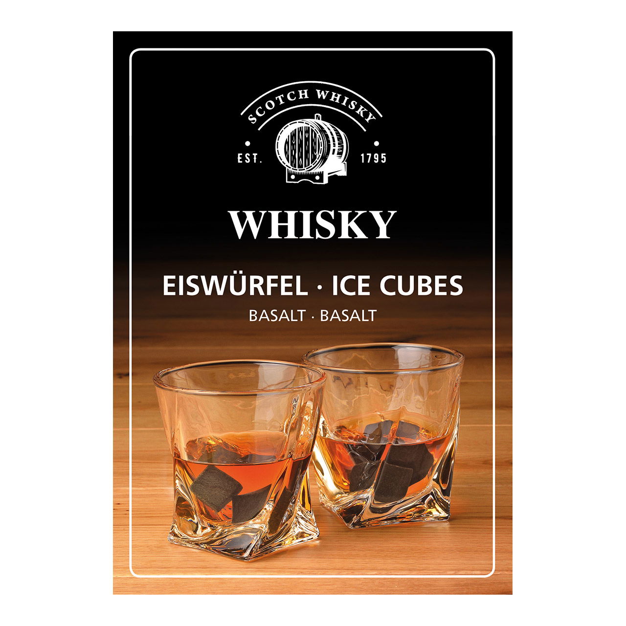 Whisky stenen set, basalt stenen ijsblokjes, 2cm, 8 blokjes met 4 glazen 9x8x9cm 300ml, 26,6x11,5x23,6cm