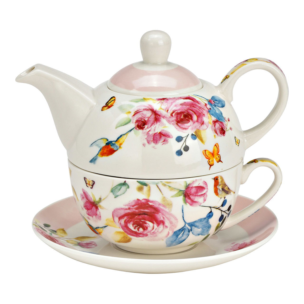 Teapot set roses decor set of 3, made of porcelain pink (W/H/D) 15x16x15cm 400ml/250ml