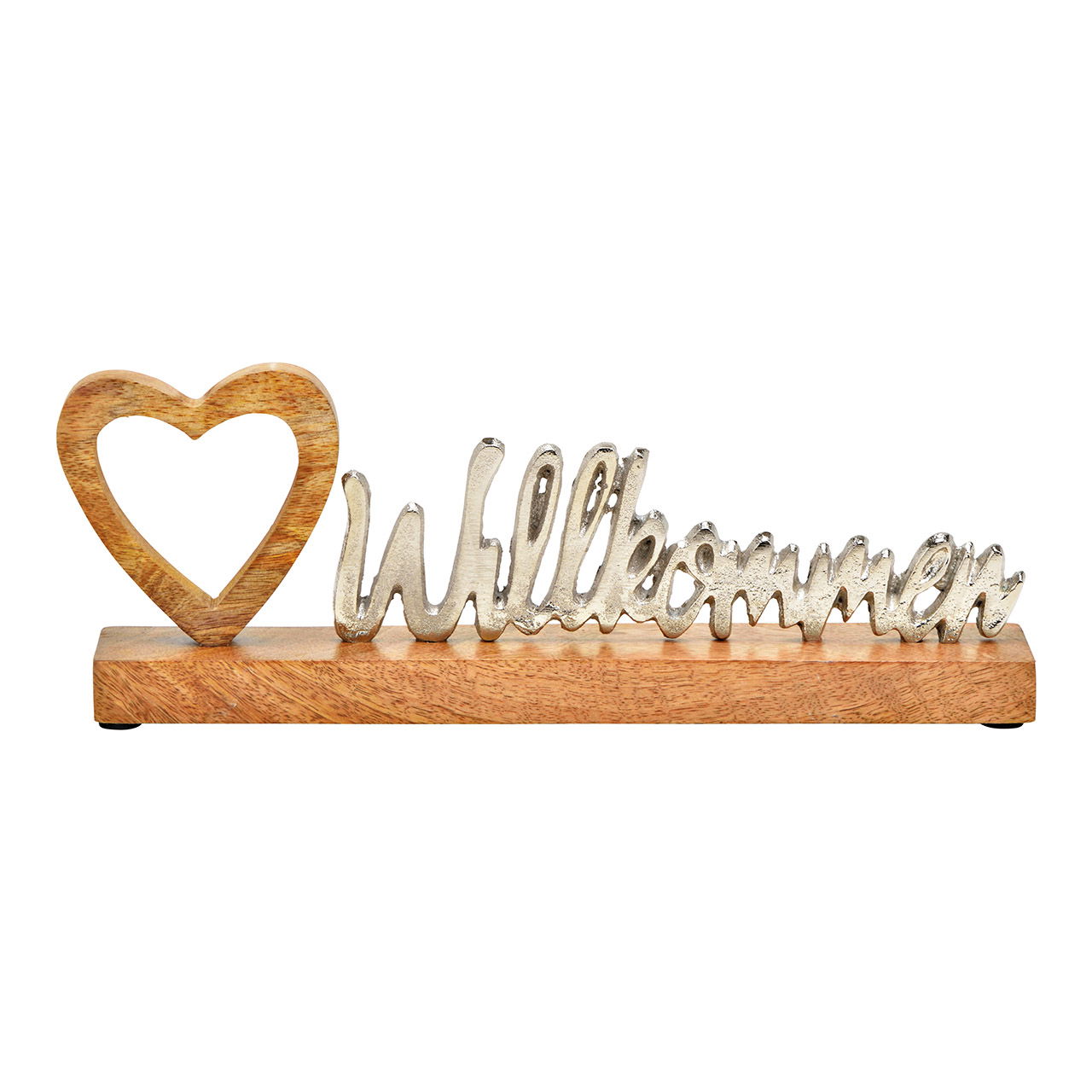 Lettering, welcome, heart decor on mango wood silver metal base (W/H/D) 35x12x5cm