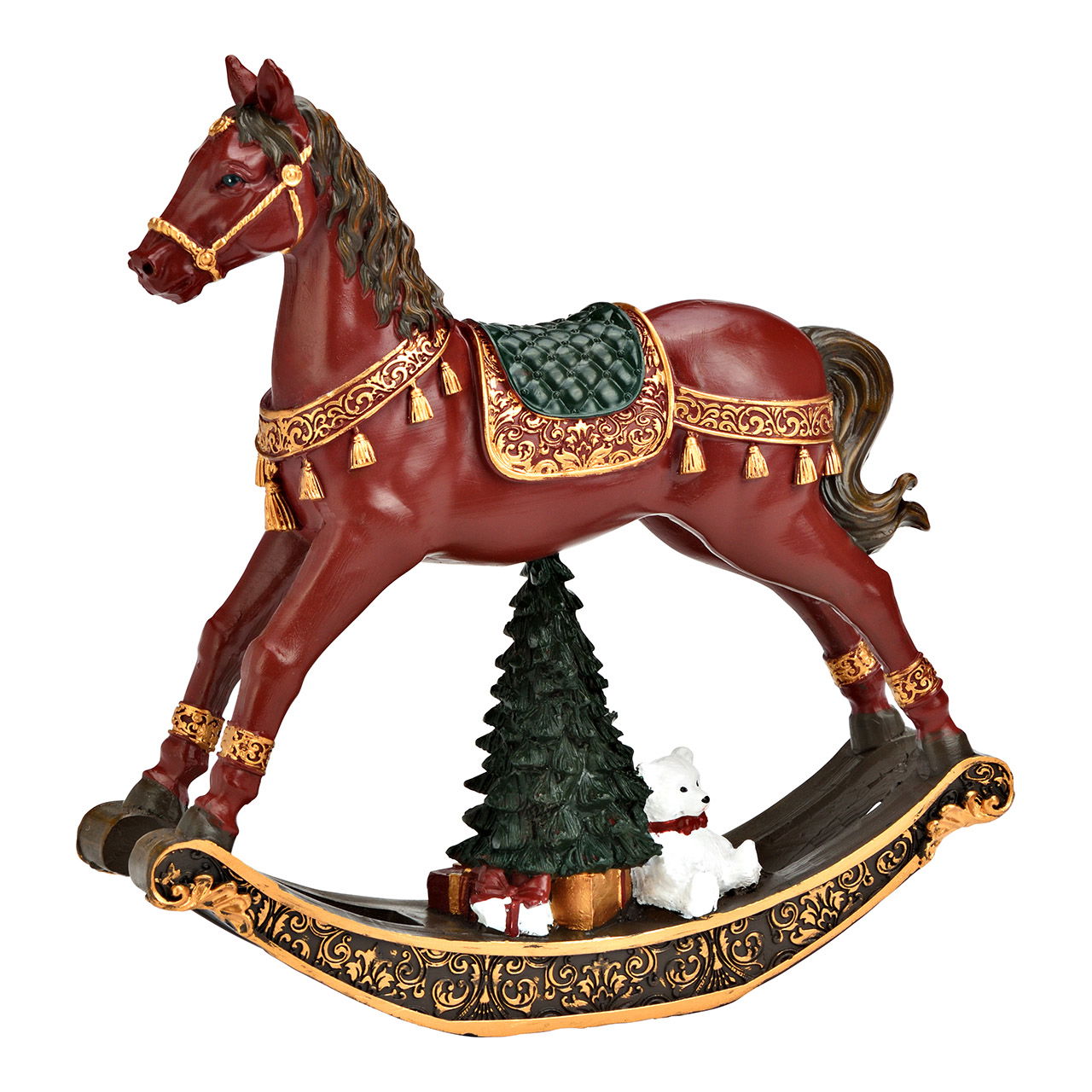 Caballo de exhibición con árbol de Navidad de poliéster, rojo oscuro (A/A/A) 17x18x4cm