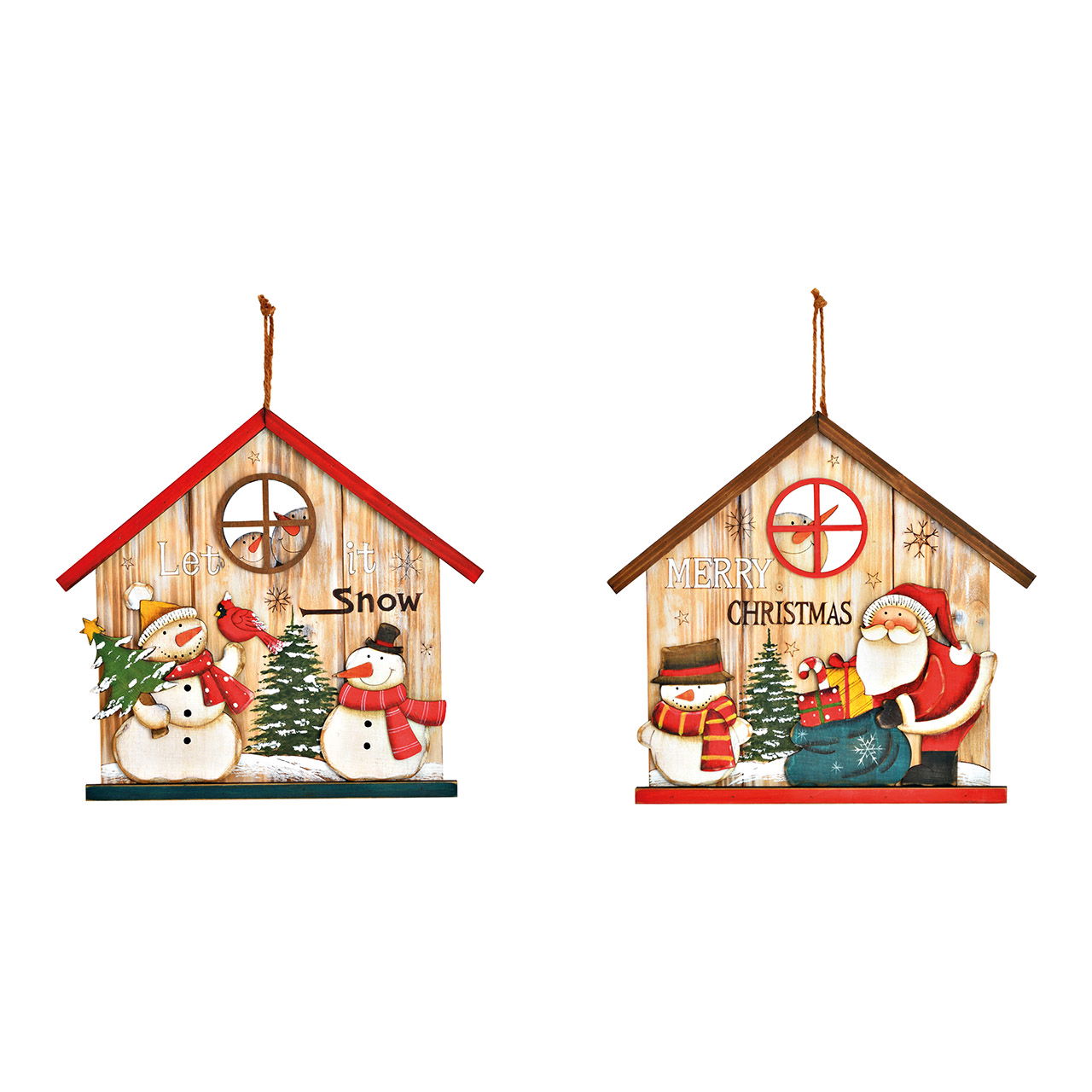 Hänger Haus mit Nikolaus und Schneemann aus Holz, 2-fach, Natur/Rot/Grün (B/H/T) 30x28x2cm