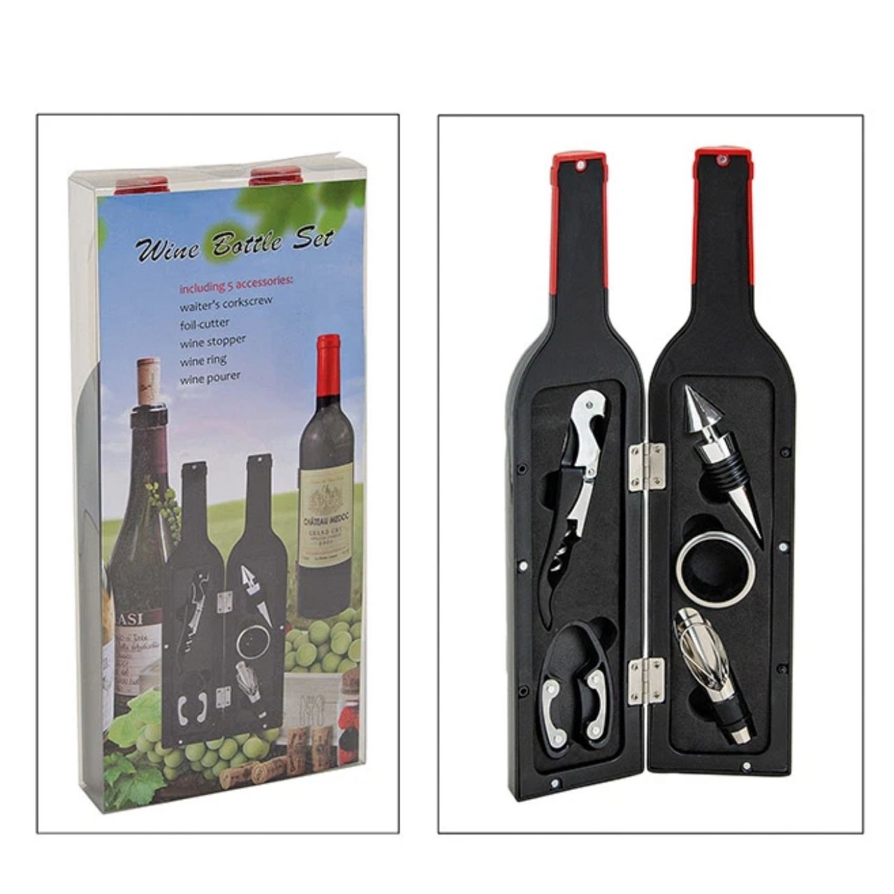 Geschenkset 6er Flasche aus Kunststoff, Weinzubehör 6-teilig, (H) 32 cm x 7 cm Ø Korkenzieher, Flolienschneider, Wein-Stopper, -Ring, -Ausgießer, -Verschluss Wein, Flaschenverschluss, Korkenzieher, Weinzubehör, Weinzubehör