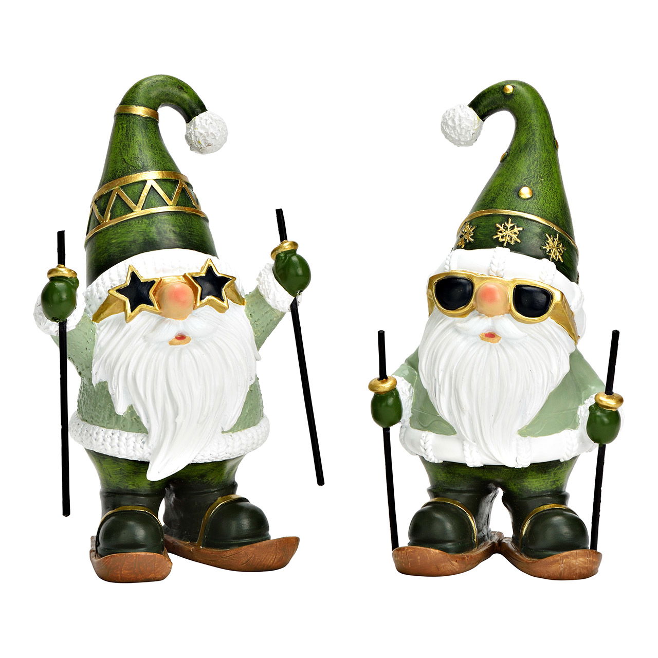 Gnomo sobre esquís de poliéster, 2 pliegues, verde/oro (An/Az/Do) 10x18x8cm Figur, Person