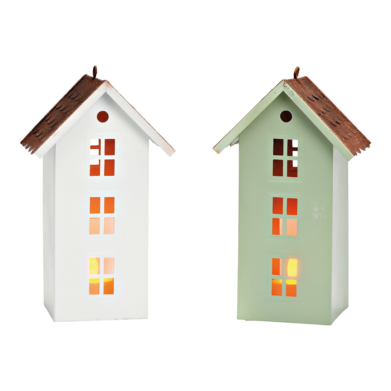 Luminária em forma de casa, em metal, verde e branca, com 2 compartimentos, (L/A/P) 11x19x10 cm Luminária em forma de casa, em metal, verde e branca, com 2 compartimentos, (L/A/P) 11x19x10 cm
