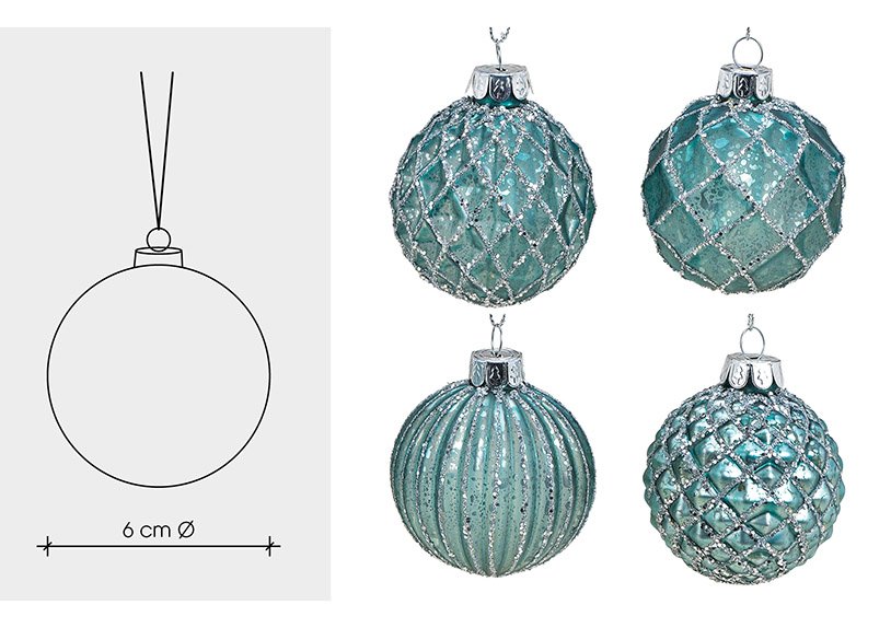 Kerstbal glitter in glas turquoise, zilver 4-voudig, (w/h/d) 6x6x6cm