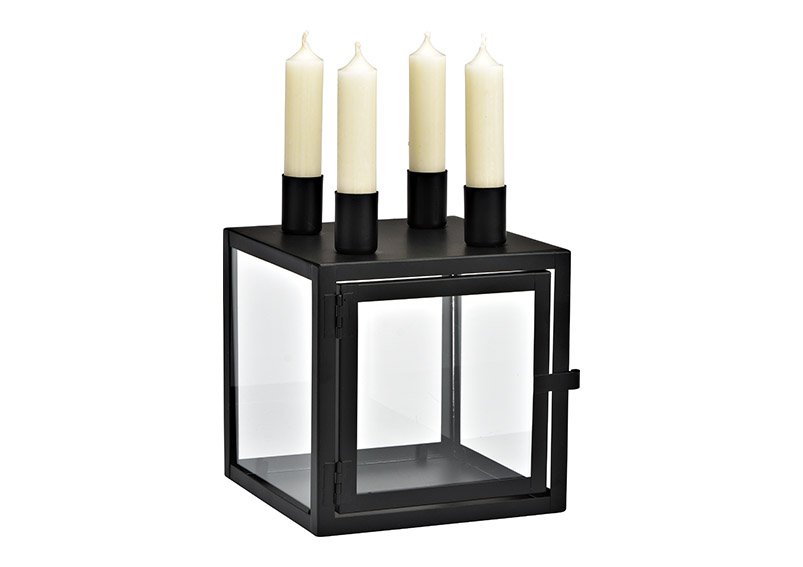 Adventskranz, Kerzenhalter auf Box aus Metall/Glas schwarz (B/H/T) 15x19x15cm