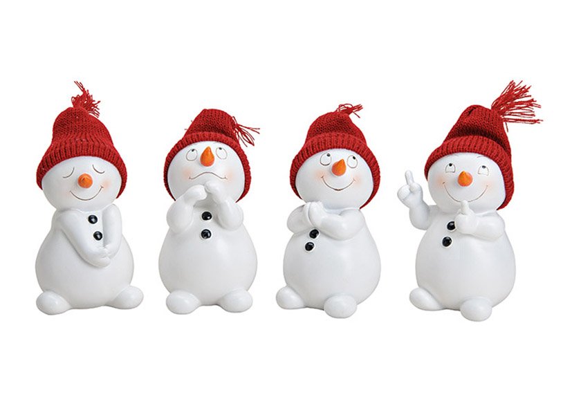 Sneeuwpop met rode gebreide muts, poly wit, 4 assorti, (B/H/D) 8x15x7cm