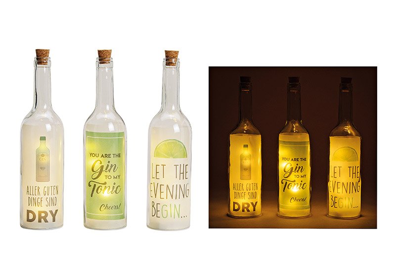 Botella de vidrio con el refrán 'Gin' 5 led de iluminación, vidrio transparente de 3 pliegues, (A/H/D) 7x29x7cm