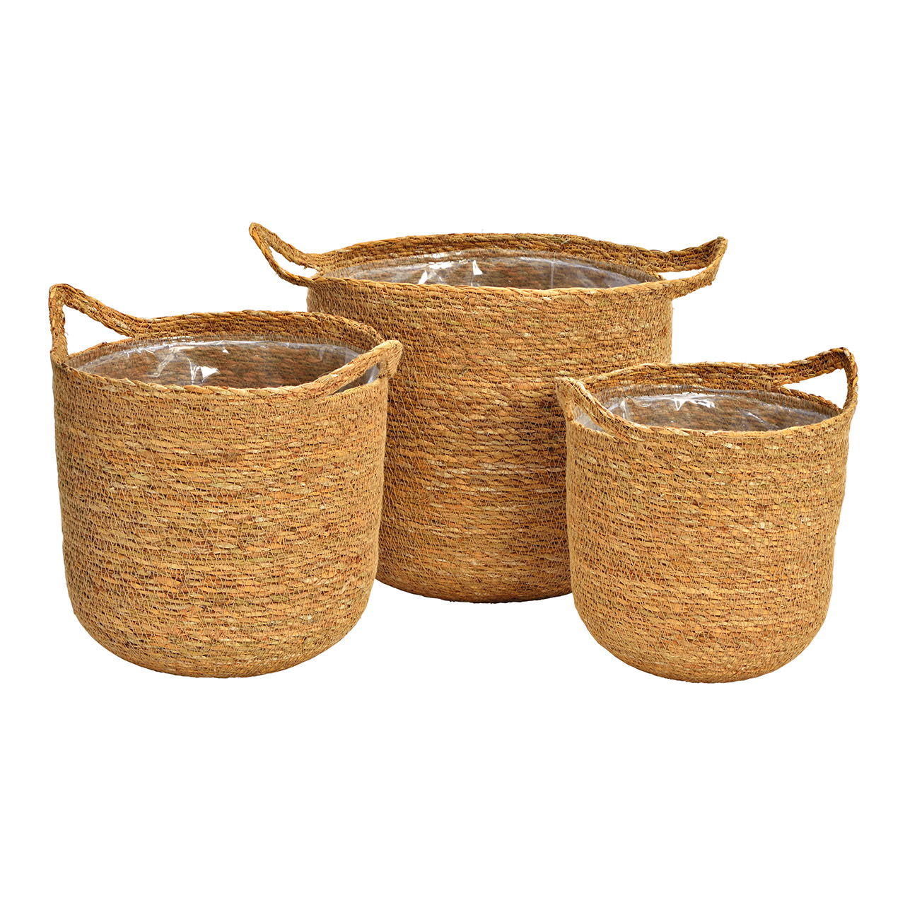 Set di 3 vasi da fiori in seagrass foderati con pellicola, materiale naturale Set di 3, (L/H/D) 25x24x25cm 22x22x22cm 19x20x19cm