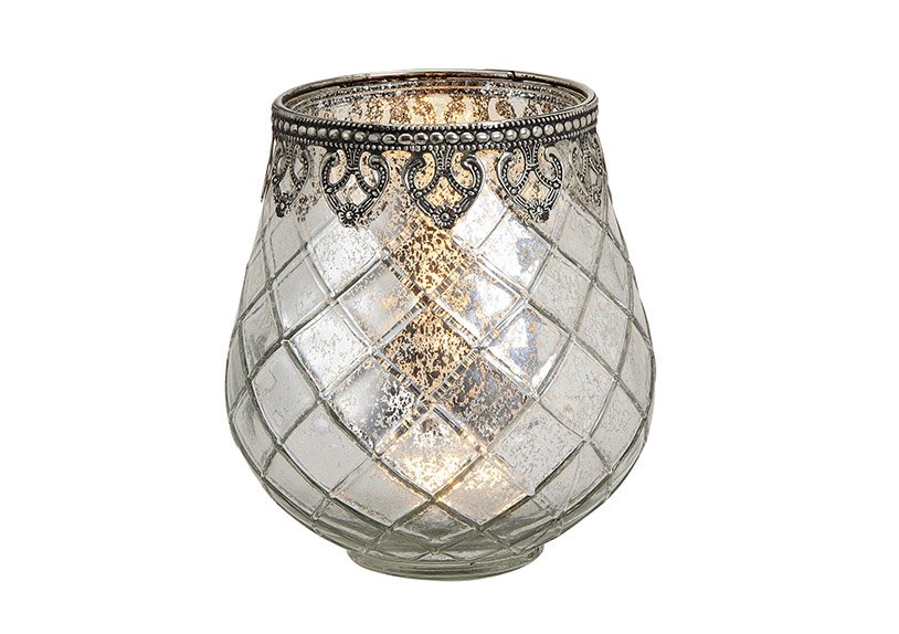Lanterna argento antico in vetro/metallo, L14 x P13 cm