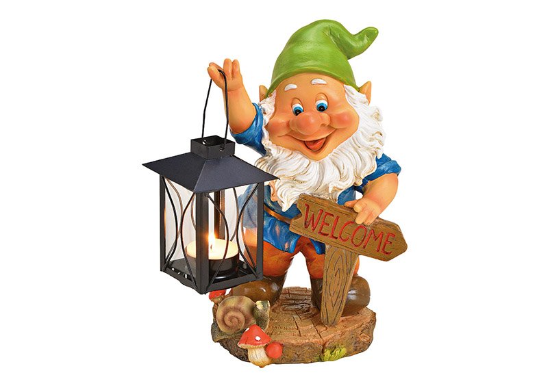 Garden gnome Welcome, with metal lantern for tea light made of poly Colorful (W/H/D) 20x26x15cm