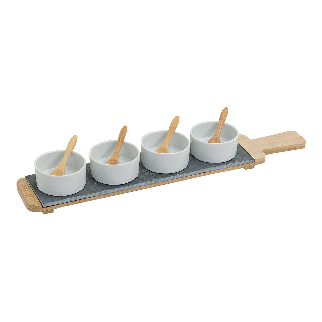 Vorspeise Set Schälchen auf Bambusplatte aus Porzellan/Schiefer, 9tlg. Weiß/Natur (B/H/T) 44x4x8cm Vorspeise Set Schälchen auf Bambusplatte aus Porzellan/Schiefer, 9tlg. Weiß/Natur (B/H/T) 44x4x8cm