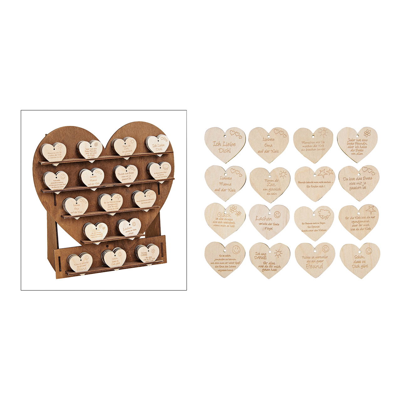 Hartendisplay met harten, gemaakt van hout, 16 assorti, B24 x D10 x H24 cm / B4 x H4 cm