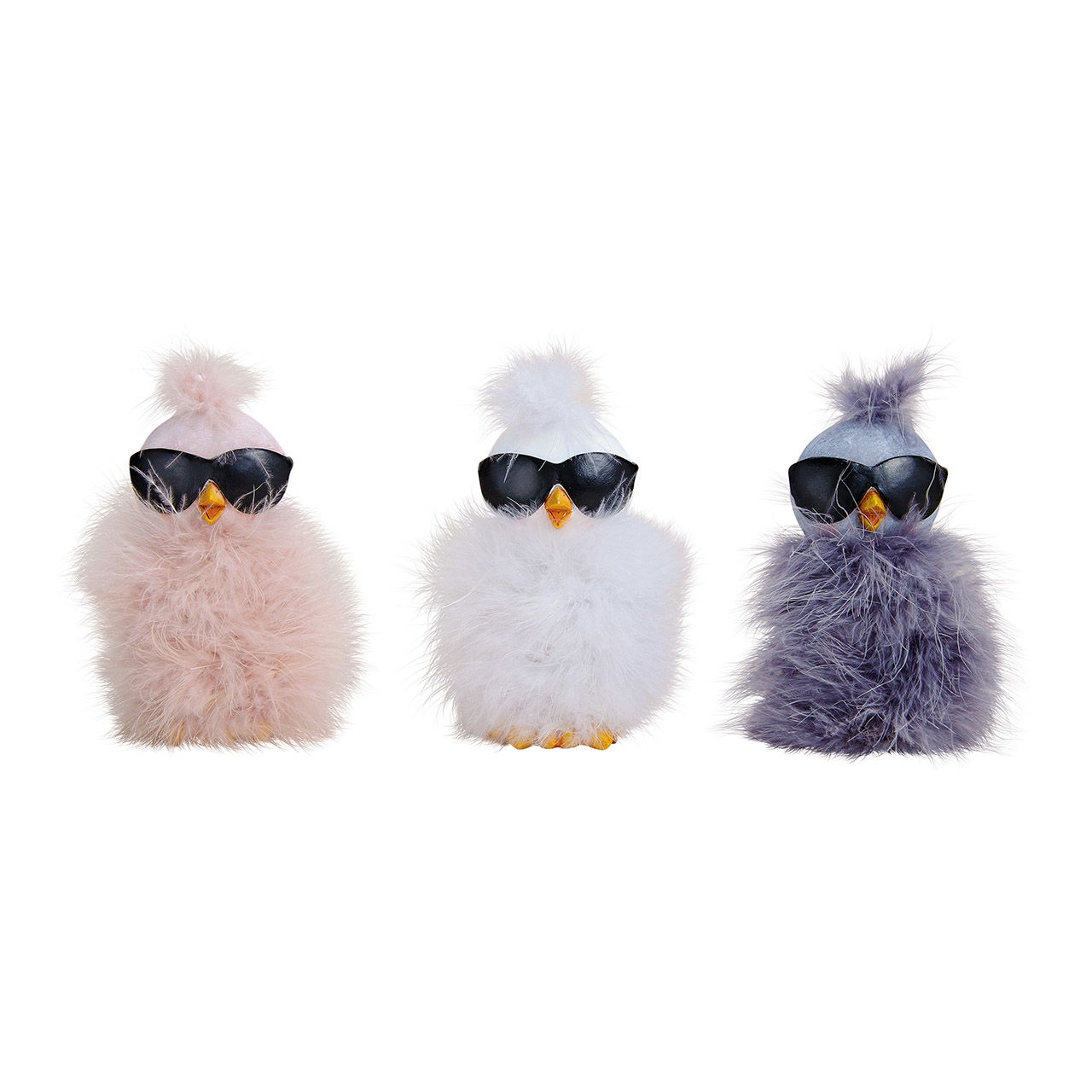 Chick with sunglasses, feather decor made of poly white, pink, gray 3-fold, (W/H/D) 7x17x4cm