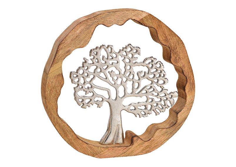 Aufsteller Baum aus Metall in Mangoholz Kreis Braun, silber (B/H/T) 30x29x5cm